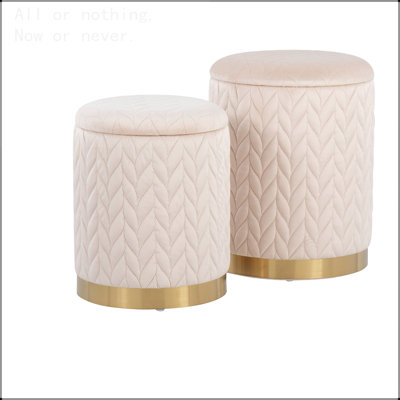 Quilted Ottoman Set in Gold Metal and Cream Velvet