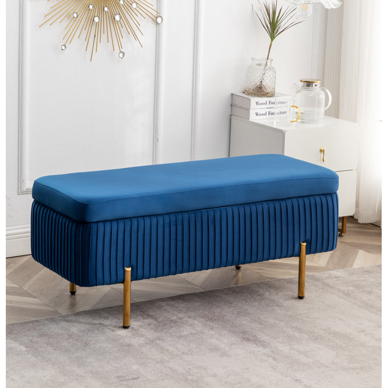 Banc de rangement rembourré en velours Miajah, Bleu