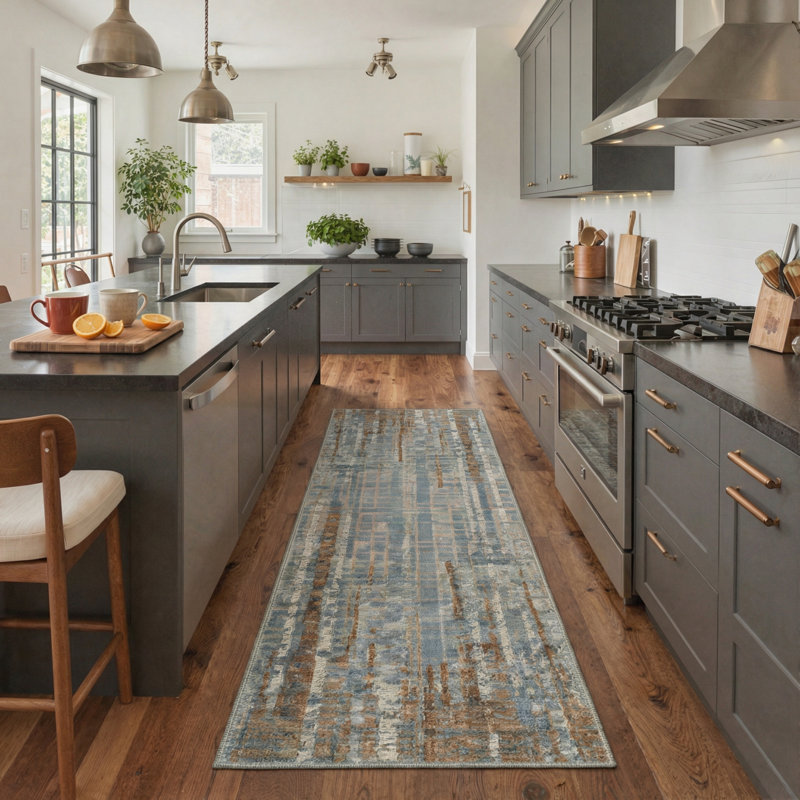 Aura Modern Abstract Machine Washable Blue / Brown / Beige Indoor Area Rug with Non-Slip Backing, Runner 2' x 6'