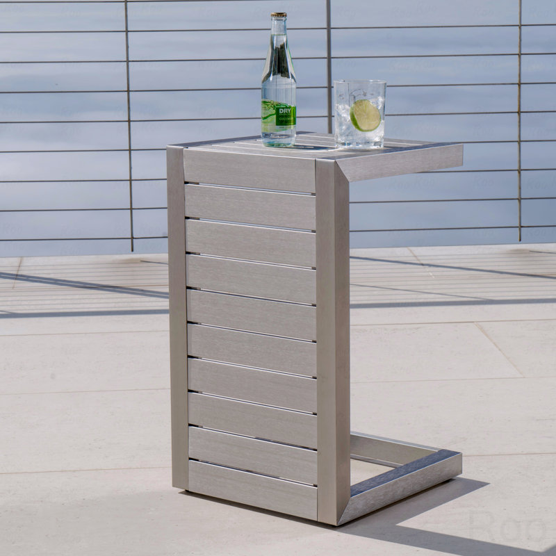 Modern Outdoor C-Shaped Patio Side End Table, Silver