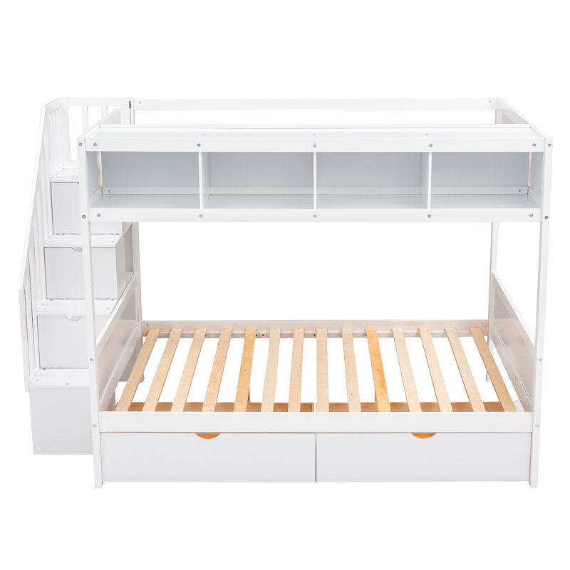 Lit simple superposé au dessus d'un lit double avec tablettes, escalier de rangement et 2 tiroirs, blanc - 3 pièces