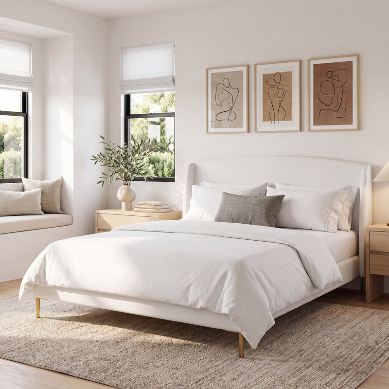 Venedy Upholstered Wingback Bed, King, White