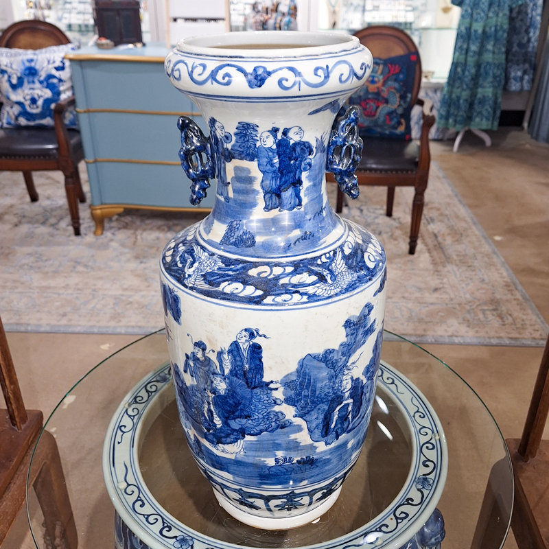 Blue and White Tall Vase with Handles