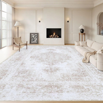 Tapis beige vintage lavable, à l'aspect vieilli, avec envers antidérapant, doux et à poils courts, idéal pour le salon, la chambre à coucher, la salle à manger et le bureau.