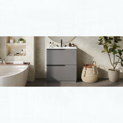 Meuble-lavabo de salle de bain avec lavabo en céramique, système de tiroir divisé et conception cannelée (gris)
