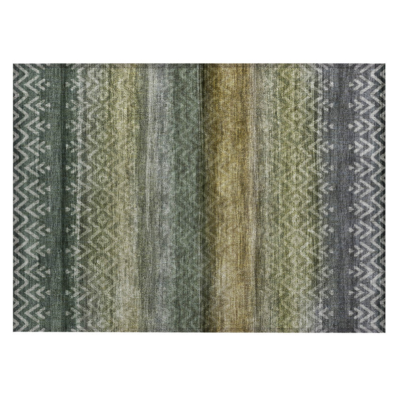 Machine Washable Indoor/Outdoor Xhevrie Green Rug, Rectangle 1'8" x 2'6"