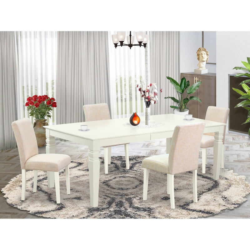 Cet ensemble de salle à manger 5 pièces comprend une table de salle à manger rectangulaire avec feuille papillon et 4 chaises rembourrées en tissu de lin beige clair, lin blanc