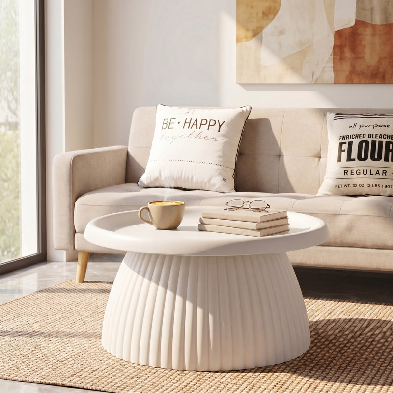 Fluted Round Coffee Table with Vertical Stripe Texture, Side Table, End Table, Tall Bedside Table for Living Room Bedroom Entryway, No Assembly Required