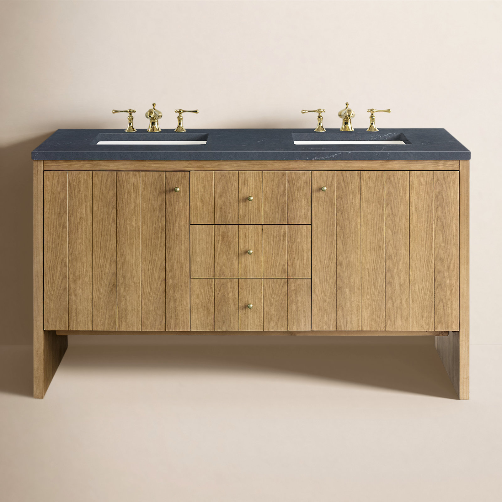 Hudson 60'' Double Bathroom Vanity, Charcoal Soapstone, 8" Widespread, Light Natural Oak