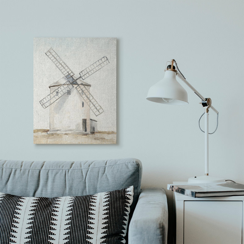 «Windmill Farm Landscape Neutral Blue Brown» par Ethan Harper - reproduction d'art, H 30 po x l 24 po, Toile tendue
