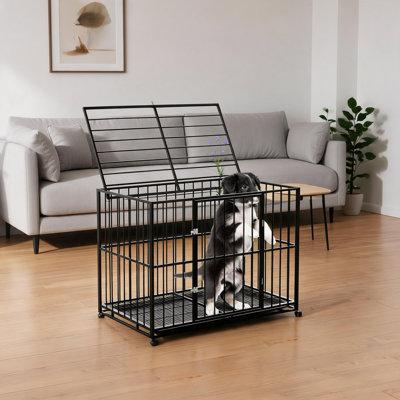 Cage pour chien robuste en acier inoxydable pour petits et grands chiens - résistant à l'évacuation et à mâcher, chenil indestructible avec roues verrouillables, plateau amovible, empilable et pliable pour une utilisation intérieure / extérieure - 36 pouces