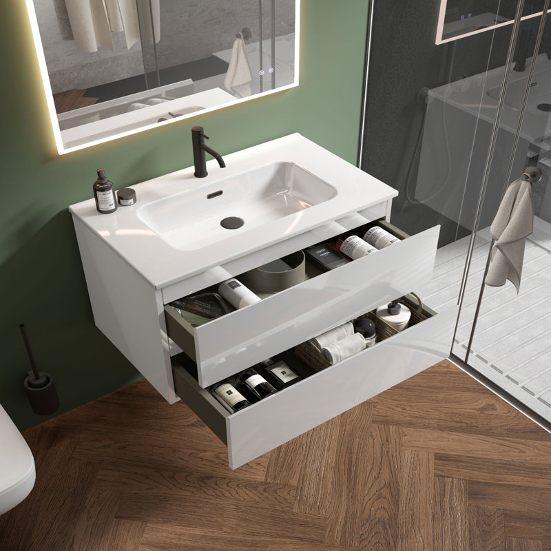 Meuble-lavabo simple 36 po avec dessus en céramique avec trop-plein Kersha, pré-assemblé, Blanc, 36", Trou simple