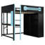 Lit mezzanine double en bois avec bureau, garde-robe ouverte et lumière RVB bleue-122274114