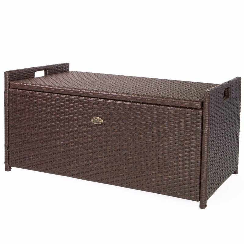 Brown Wicker and Steel Outdoor Storage Bench with Cushion