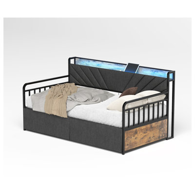Twin Daybed with Drawers and Upholstered Headboard Shelf in Black, Brown, and Grey