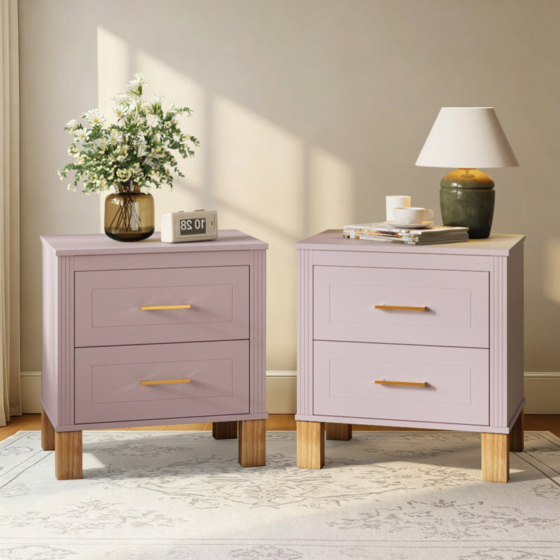 Table de chevet 2 tiroirs Traditional avec pieds en bois massif (ensemble de 2), Pink, Set of 2