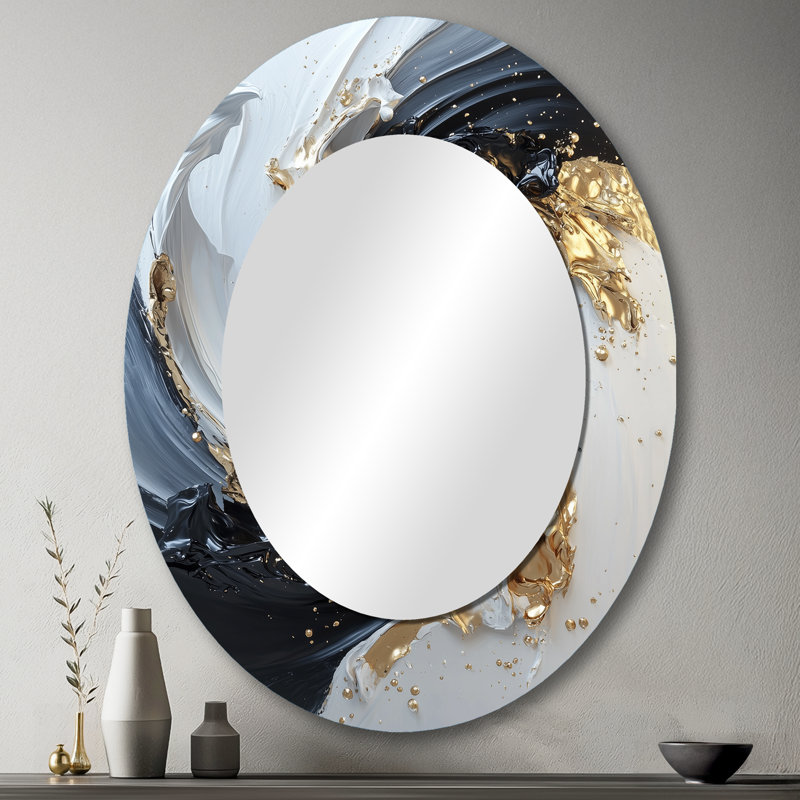 White Black Gold Cosmic Whirlpool III - Large Oval Wall Mirror On Metal, 43" x 33"
