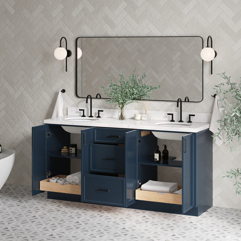 Meuble-lavabo double 72 po ARIEL Kelly avec comptoir en quartz de Carrare, Bleu minuit