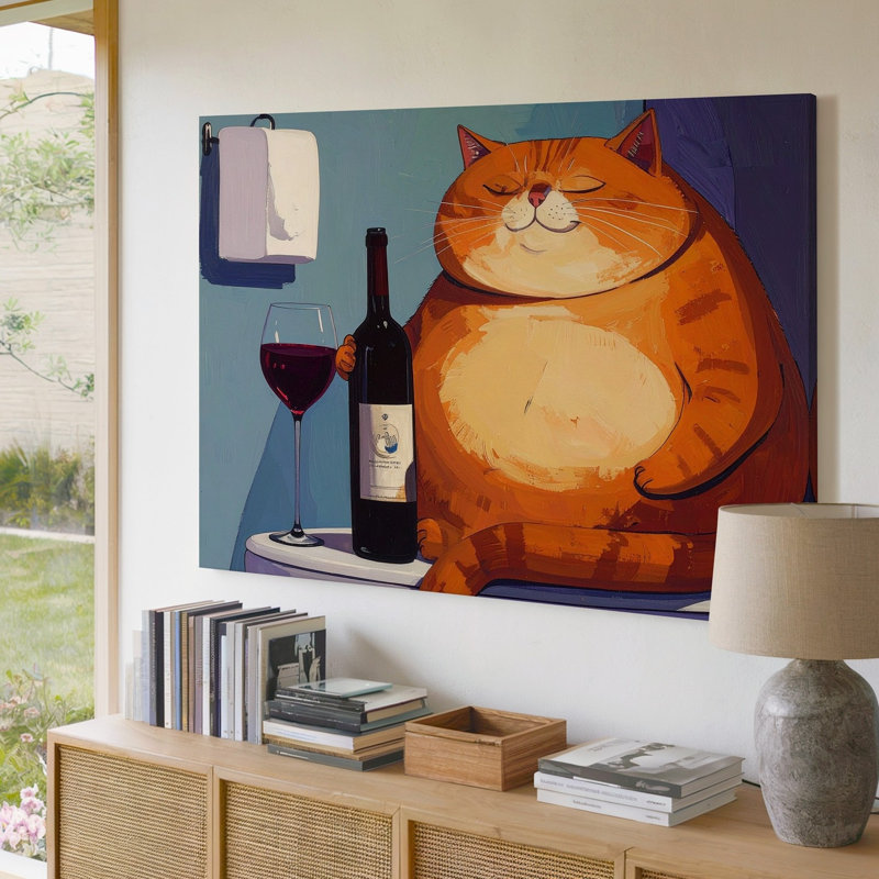 Canvas Wall Art A Chubby Orange Cat Sitting On A Chair Holding A Wine Bottle In One Hand And A Wine Premium Quality Ready To Hang Modern