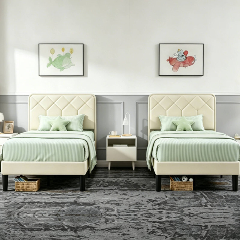 Aldora (Set of 2) Beige Twin Size Upholstered Platform Bed Frame with Adjustable Headboard, No Box Spring Needed, Beige
