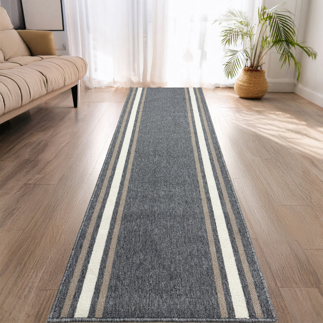 Custom Size Anti-Slip Machine Washable Low Profile Loop Pile Solid Border Gray Runner Rugs by Feet Gracie Oaks Rug 
