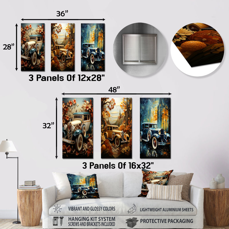 1930s Vintage Car Nostalgia Collage - ensemble d'art mural en métal rétro de 3 voitures, H 32 po x l 48 po