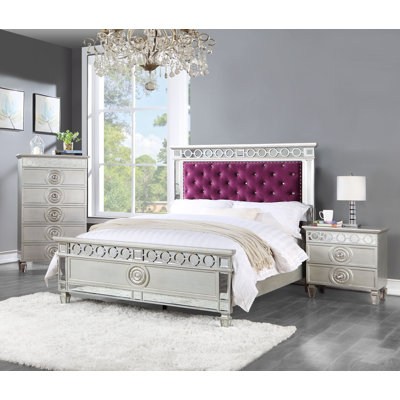 Lit simple, velours bourgogne, finition argent et miroir