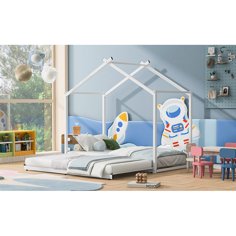 Lit plateforme en métal avec lit gigogne, Blanc