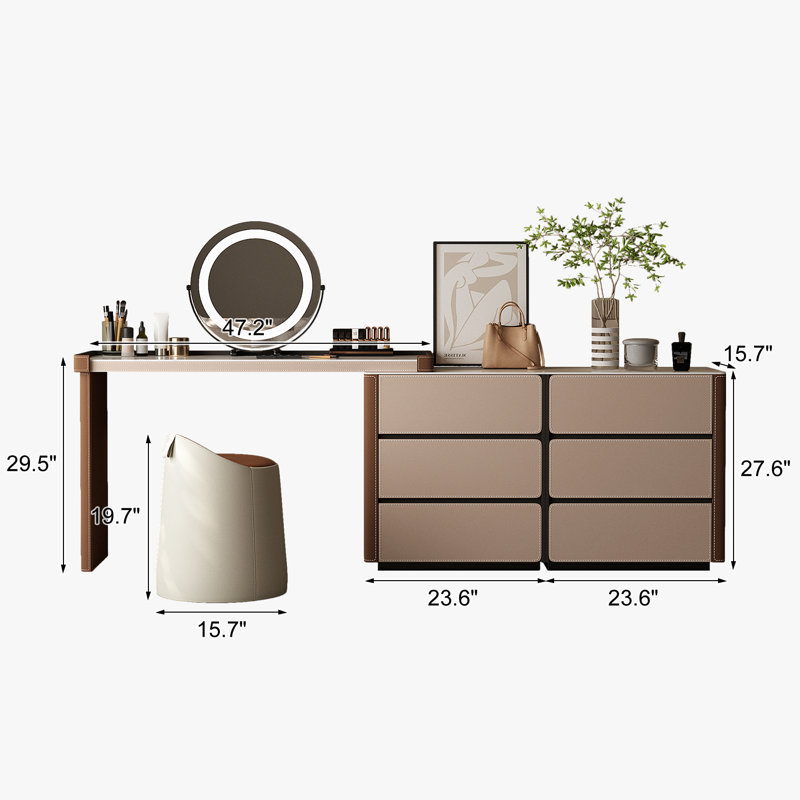 Versatile Saddle Leather & Slate Top Dressing Table with Adjustable LED Mirror - Extendable, Left/Right or L-Shaped Installation