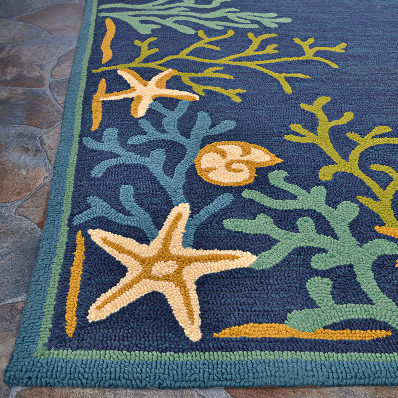 8' Blue Hand Woven Uv Treated Coastal Starfish Round Indoor Outdoor Area Rug