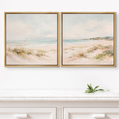 Doux paysage de plage avec vagues océaniques et humeur côtière aérée, ensemble de 2 reproductions d'art sur toile encadrées