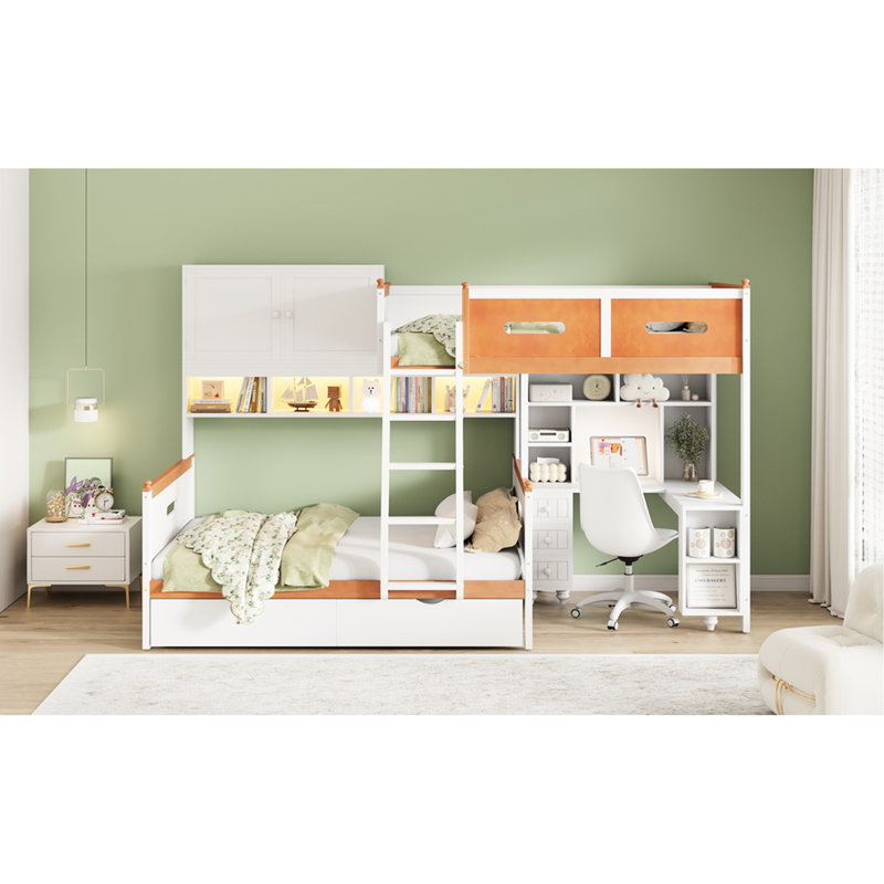Lit superposé simple au-dessus d'un lit double avec bureau intégré, tiroirs de rangement spacieux, tablettes, armoire et bandes à DEL, convient pour l'éclairage à finition blanche et orange, option d'utilisation de l'espace