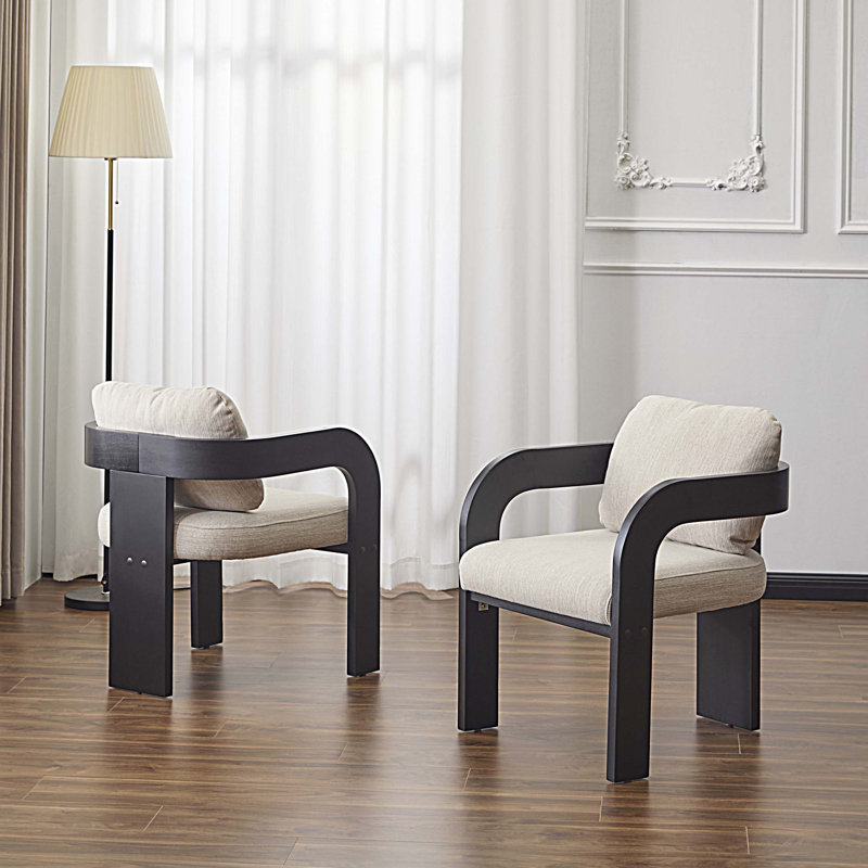 Chaises de salle à manger avec dossier coussiné et structure en bois massif, Beige, Noir