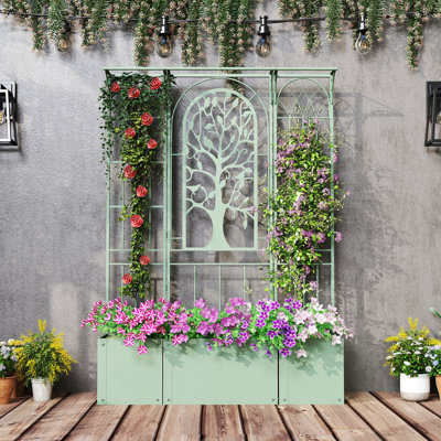 Metal Planter Box With Trellis, Fold Metal Raised Garden Bed, Tree Of Life Design, For Vine Climbing Plants, Flower