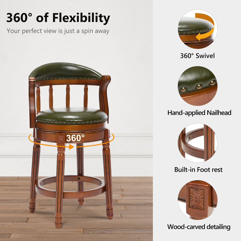 Genuine Leather Bar Stool with Solid Wood Frame - Swivel, Mid-Back Ventilated Design & Footrest