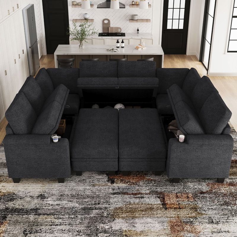 Canapé-lit modulaire en chenille avec rangement Anjanette, Chenille grise foncée