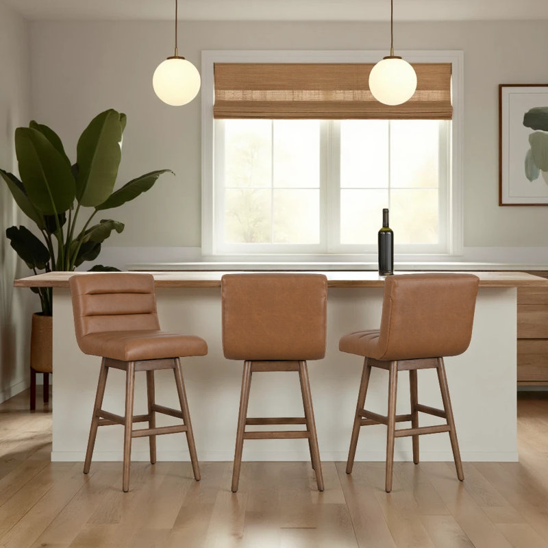 Kaylnn Mid-Century Modern Swivel Rubberwood Counter Or Bar Height Barstool With Faux Leather Seat, Black