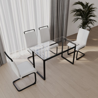 51 inch Glass Dining Table Set for 4, Dining Table & Chair Sets with Black Metal Legs for Kitchen, Modern Rectangle Tempered Glass Table Top and PU Dining armless Chair for Dining Room