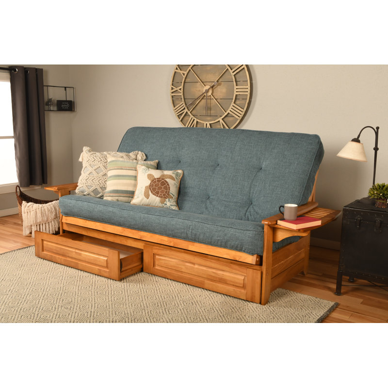 Futon avec rangement Stratford, Noyer cendré, Lin turquoise