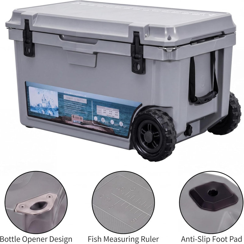 Glacière de camping 70 QT moulée par rotation - glacière portable avec couvercle verrouillable et bonde, roues optionnelles pour l'extérieur