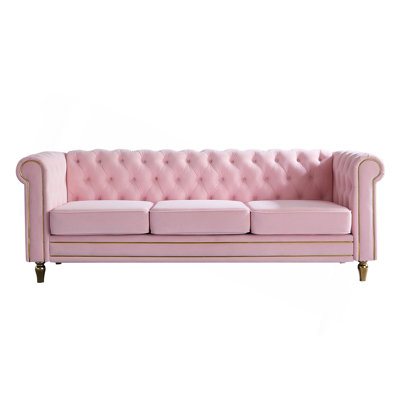 Chesterfield Velvet Sofa 84.65 Inch For Living Room PINK Color