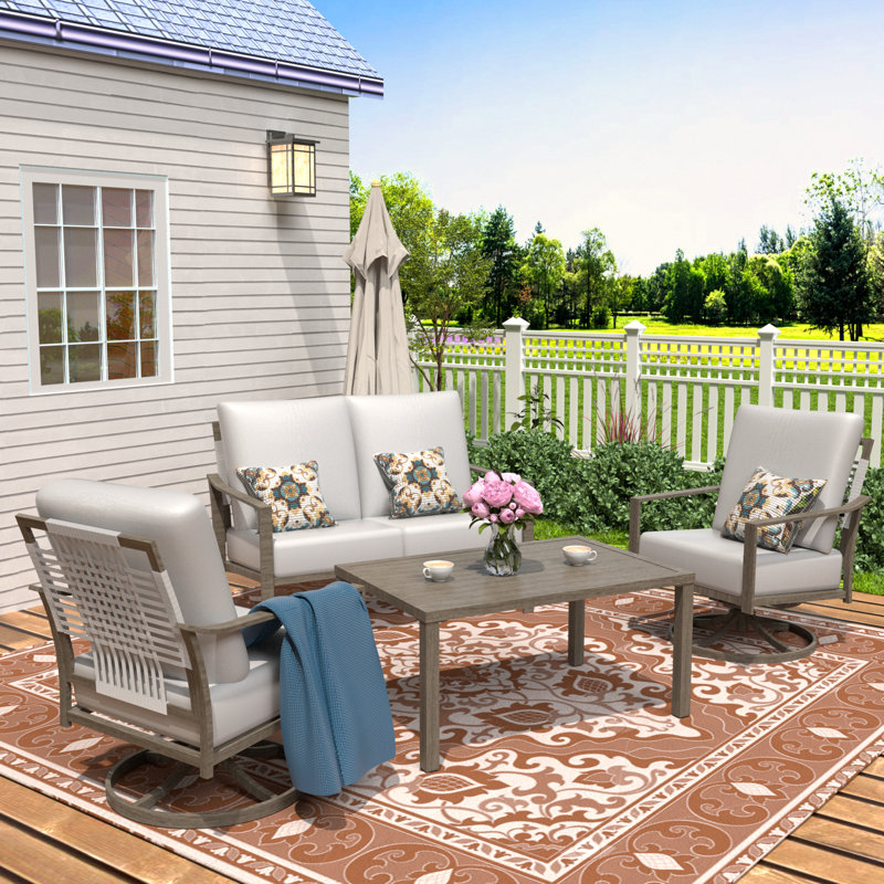 4 Pieces Metal Outdoor Conversation Set With 2 Hand-woven Rope Swivel Rocking Chairs, Gray Cushion/Gray Frame