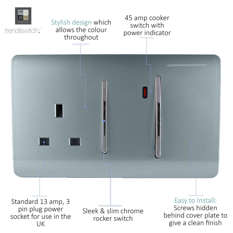 Trendi Switch 45 Amp Cooker Switch & 13 Amp Plug Socket with Neon, Cool Grey