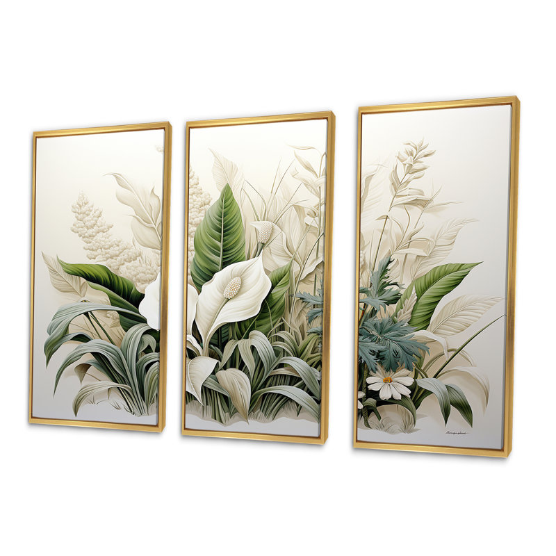 «White Contemporary Botany Wonders - Plants», ensemble d'art mural sur toile, Cadre flottant doré, H 28 po x l 36 po x P 1 po