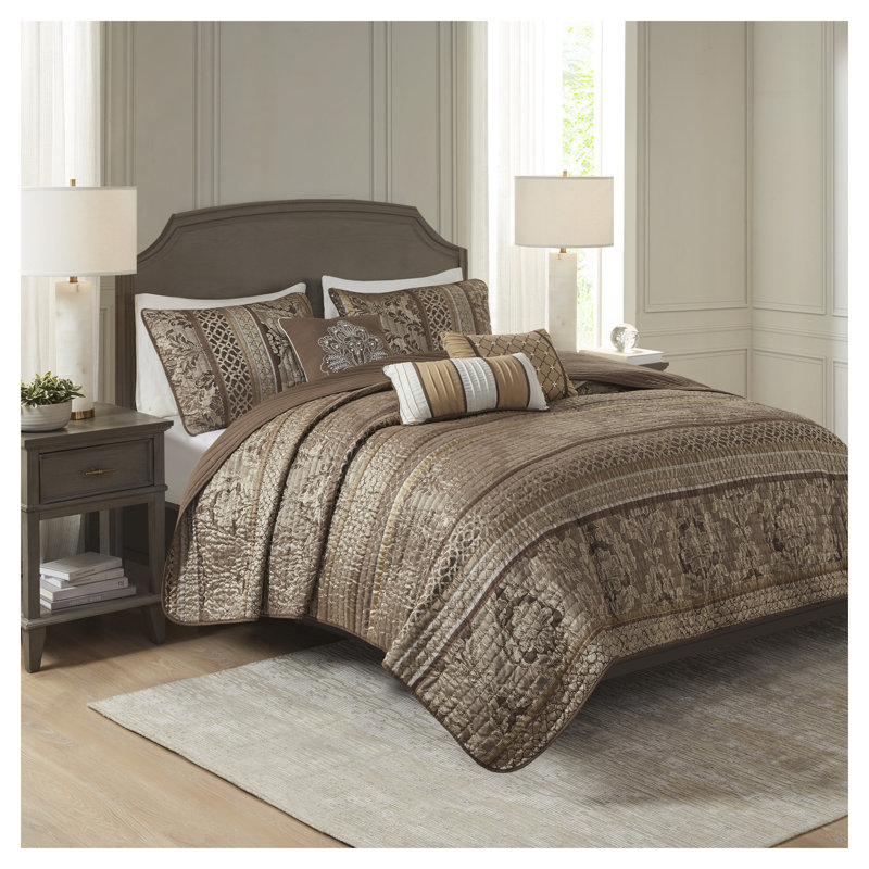 Ensemble de courtepointe 6 pièces avec coussins décoratifs en jacquard - Ensemble de literie réversible brun / or pour lit double / grand lit, couvre-lit jacquard en polyester de luxe avec taies décoratives