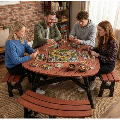 Ensemble de table de pique-nique en bois courbé pour 6 personnes | Ensemble de salle à manger rustique en bois massif deux tons avec bancs intégrés et trou pour parasol