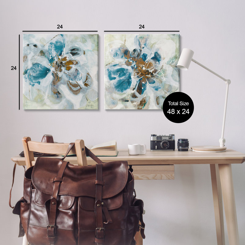 Ensemble de 2 toiles bleu sarcelle avec pétales de fleurs abstraites par Liz Jardine, H 24 po x l 24 po