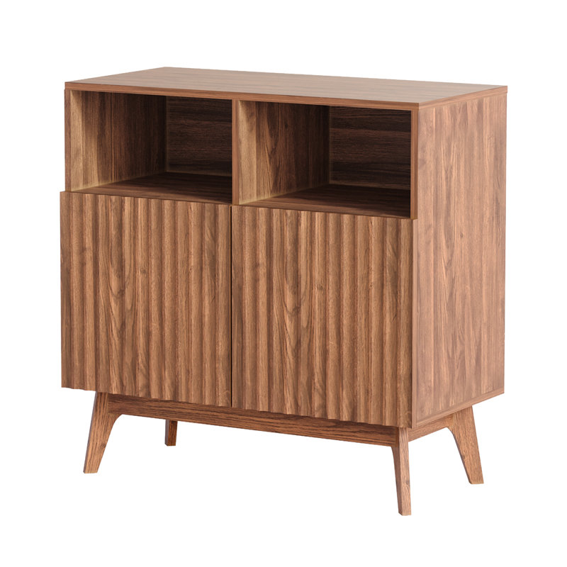80cm Compact Small Sideboard, Ribbed Door Storage Cabinet, Walnut