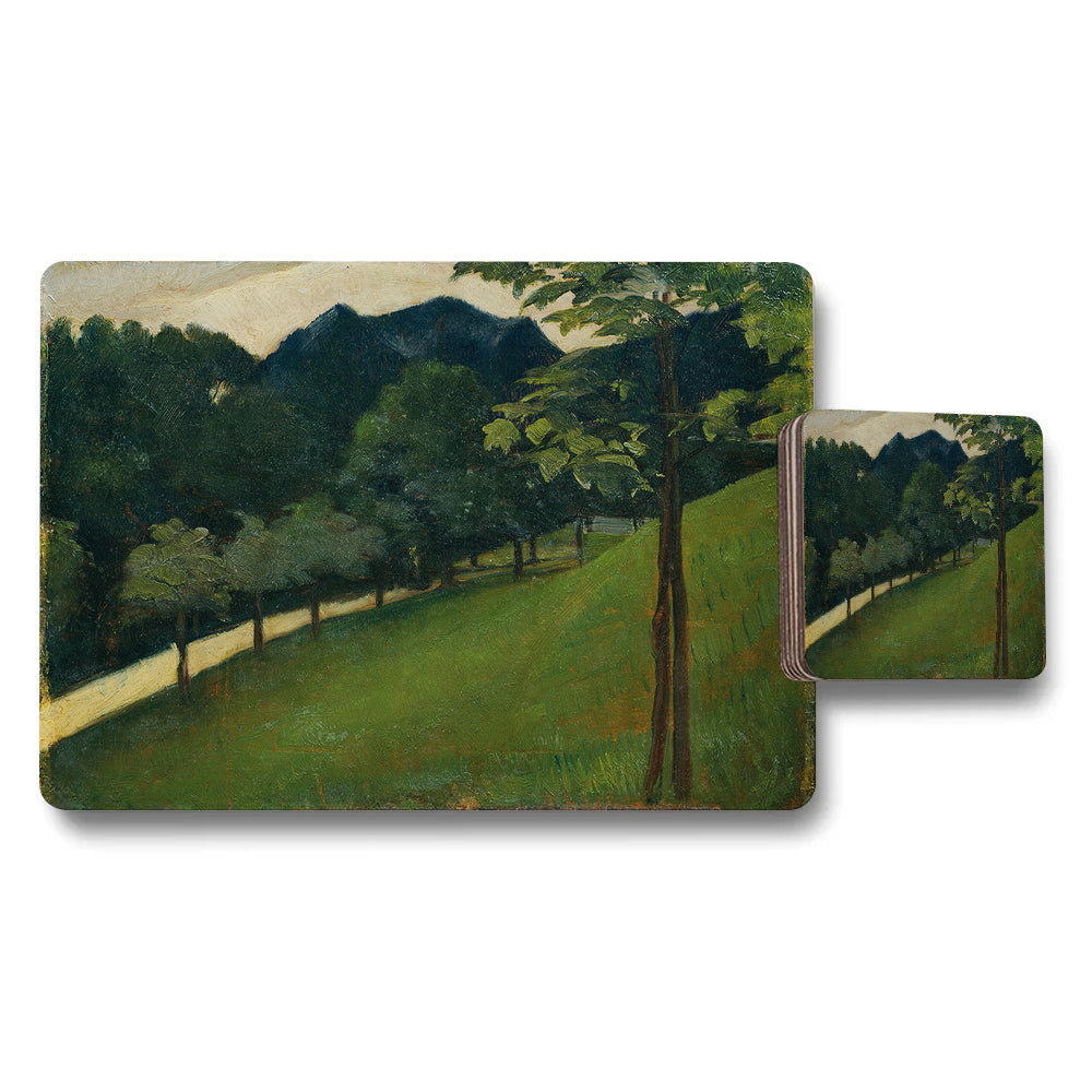 Landscape View Placemat And Coaster Set With Trees And Hills