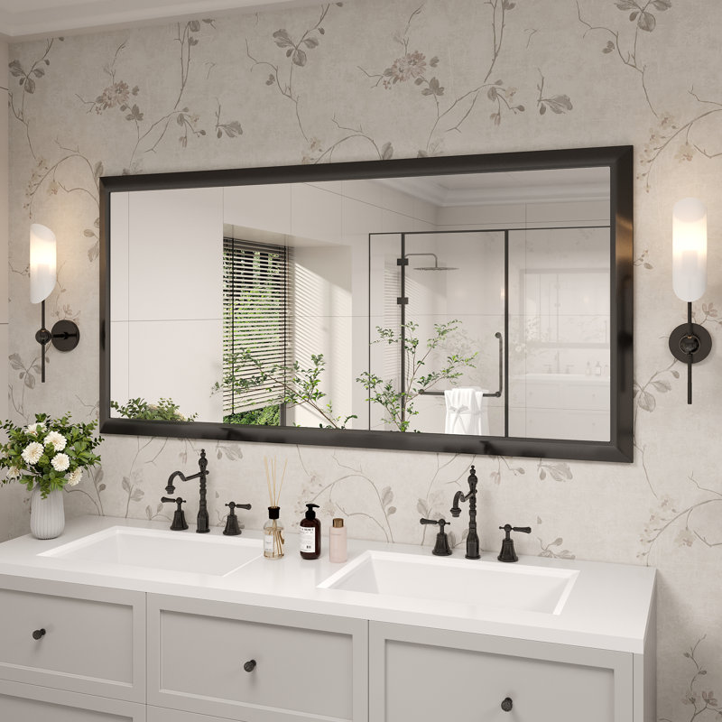 Molly Tempered Glass Metal Beveled Framed Wall Mounted Vanity Rectangular Mirror, 60" x 30", Black
